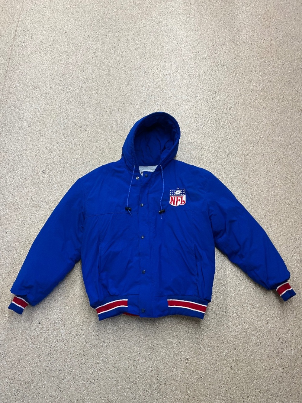 VTG 80s NFL Football Jacket Mens L Blue Hooded Puffer Delong Coat Made in USA